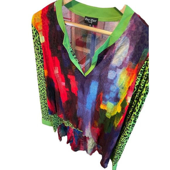 Dor Dor Couture Multicolor Hi Lo Hem Artsy Sheer Tunic Blouse Top Sz XL - Picture 4 of 11